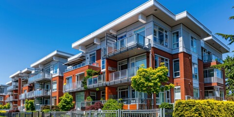 Three-story modern apartment complexes with white roofs and brick exterior walls set on a blue sky background