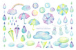水彩で描いた傘と雨粒の素材セット