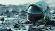 Lonely astronaut helmet amidst desolate landscape, symbolizing isolation and exploration