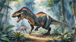 Dinosaur in the deep forest in the Jurassic period, watercolor painting style, generative AI.
