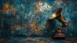 Vintage phonograph horn gleaming with warm light and sparkling reflections
