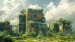 Futuristic vision of overgrown, abandoned city buildings cloaked in lush greenery under a bright cloudy sky