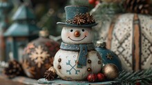 Festive Wooden Snowman Figurine With Vintage Christmas Decorations