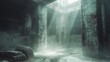 Eerie sunbeams illuminate an abandoned AI processing facility enveloped in dust
