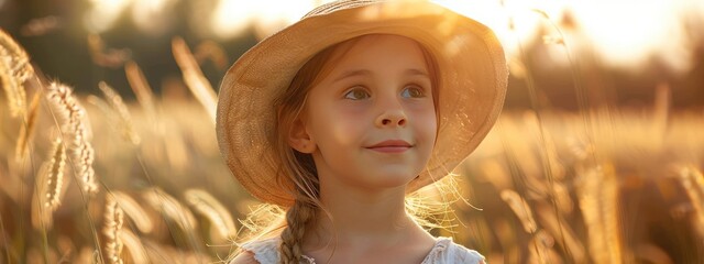 Wall Mural - little girl in a field of wheat