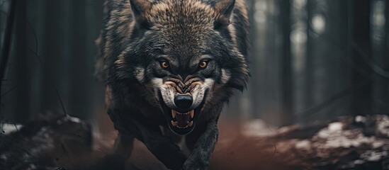 Canvas Print - a wolf is running through a dark forest with its mouth open