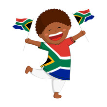 Vector Illustration Of Cute Boy With South Africa Flags In Hand On Transparent Background