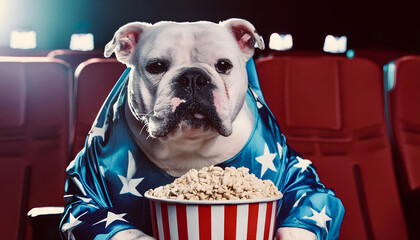 bulldogge, usa, flagge, kino, popcorn, close up, cartoon, tier, hund, weiss, amerika, spaß, cartoons, surreal, bizarre, neu, modern, boxer, 