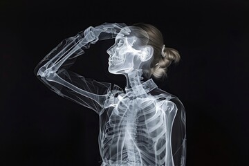 Wall Mural - An X-ray of the upper body and neck showing all bones with a woman's head visible in profile on a black background. Skeletal structures. Female skeleton. Medical radiography concept, X-ray scan