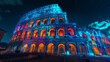Enchanting night view of the Colosseum in Rome with vibrant light trails