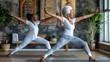 © Maria Zamchiy  - Senior black woman working out at home with kid together, elderly grandma doing sport exercises indoors with her grandson, AI generated image