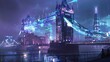 Futuristic digital conceptualization of London Tower Bridge engulfed in neon lights and holograms