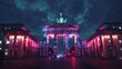 Step into the vibrant neon-lit streets of Berlin with this striking image of the Brandenburg Gate