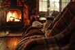 © KP - A cozy indoor scene with a person wrapped in a blanket, enjoying a cup of coffee by the fireplace.
