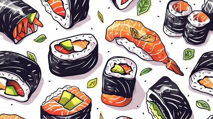 Wall Mural - Artistic sushi and roll pattern on white canvas with creative ingredients banner