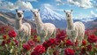 Three llamas in a meadow of red roses under a cloudy sky