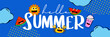 Hello summer camp poster design with fun cartoon characters.