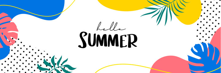 Wall Mural - Hello summer banners design hand drawn style. Summer with doodles and objects elements background.