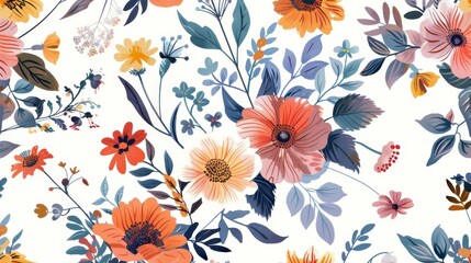 Wall Mural - Floral seamless pattern with colorful flowers and leaves on a white background