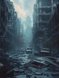 A desolate car lies in a silent, narrow street between towering ruins under a muted dawn light.