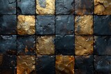 Fototapeta  - Closeup texture detail of a variety of gold and black square cut stone walls arranged in an abstract seamless check pattern background.