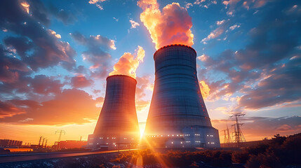 Wall Mural - Harnessing Clean Energy:A Fusion-Powered Nuclear Plant at Sunset