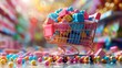 A pink shopping cart filled with colorful presents and candies in a brightly lit grocery store.