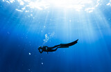 Fototapeta Lawenda - Freediver Swimming in Deep Sea With Sunrays.
