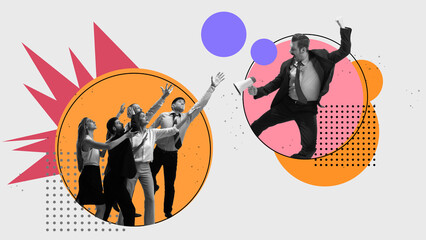 Wall Mural - Engaging conversation with the audience. Man in megaphone emotionally talking to motivated crowd of people. Contemporary art collage. Concept of business, public relations, marketing and management