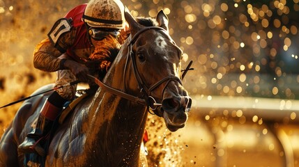 A jockey is riding a horse in a race in Kentucky Derby. EEUU. USA.