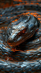 Canvas Print - Mesmerizing Serpent Coiled in Holographic Labyrinth:A Captivating 3D Cinematic Reptile Portrait