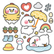 Set of cute hen in rainy season concept.Farm chicken animal character cartoon design collection.Egg,heart,cloud,rain,hat hand drawn.Kawaii.Vector.Illustration.