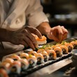 Chef preparing sushi in a high-end restaurant kitchen, focus on hands and fresh ingredients, artistic culinary scene.