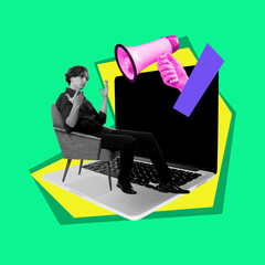 Wall Mural - Man sitting and gesturing over laptop and megaphone. Contemporary art collage. Effective communication and strategy for achieving goals. Concept of business, public relations, marketing and management
