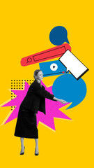 Wall Mural - Woman cooperating with speech bubble, social media screen elements. Contemporary art collage. Creating engaging social media content. Concept of business, public relations, marketing and management