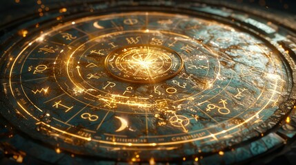 Luminous celestial chart depicting horoscope symbols revolving around a bright core as an oracle of fate