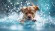 Cheerful labrador retriever pup joyfully splashes in water, enjoying family playtime