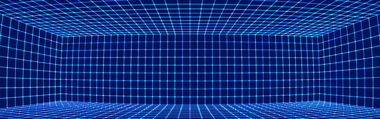Poster - Cyberpunk Grid VR 3D Room with Fisheye Lens Effect. Grid Frame Tech Party Flyer Background. Abstract Digital Background. Vintage Computer Virtual Reality VR Tunnel Technology Vector Illustration.