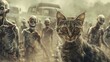 Despite the danger, a curious cat, captivated by the scent of decay, stalks the outskirts of a zombie horde, keeping a safe distance but enjoying the morbid entertainment