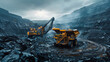 Giant mining machines in orchestrated action within a vast quarry under a muted sky, conveying industrial might
