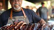 A barbecue pitmaster proudly presenting a tray of perfectly smoked pork ribs, a testament to dedication and skill.