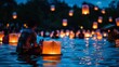 A group of people releasing floating lanterns into the water, participating in a time-honored cultural tradition.