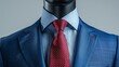 Classic mannequin dressed in a sharp blue suit paired with a bold red polka dot tie and pocket square, spotlighted against a plain white backdrop for a debonair look.