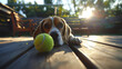 Resting purebred beagle dog with tennis ball after playtime in the outdoors