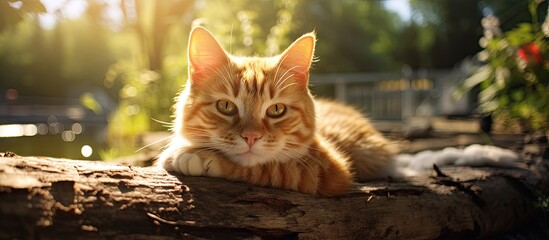 Wall Mural - A relaxed cat resting peacefully on a tree trunk