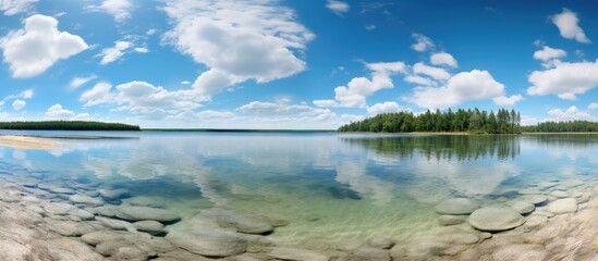 Sticker - A serene lake surrounded by submerged rocks and trees