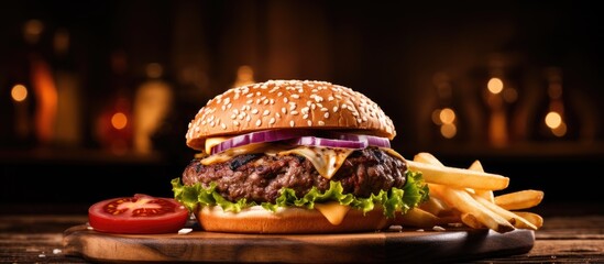 Canvas Print - Burger with lettuce, tomato, onion, cheese on wooden board