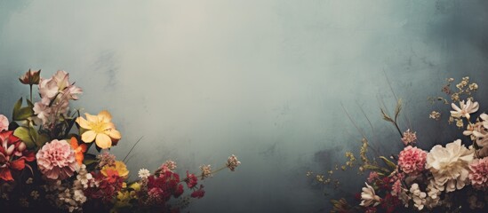 Wall Mural - Flowers in a vase on table with blue background