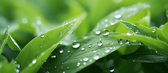 Poster - Green leaf covered in water droplets