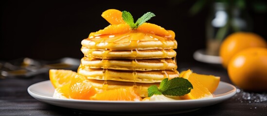 Canvas Print - Pancakes, syrup, and oranges on a plate